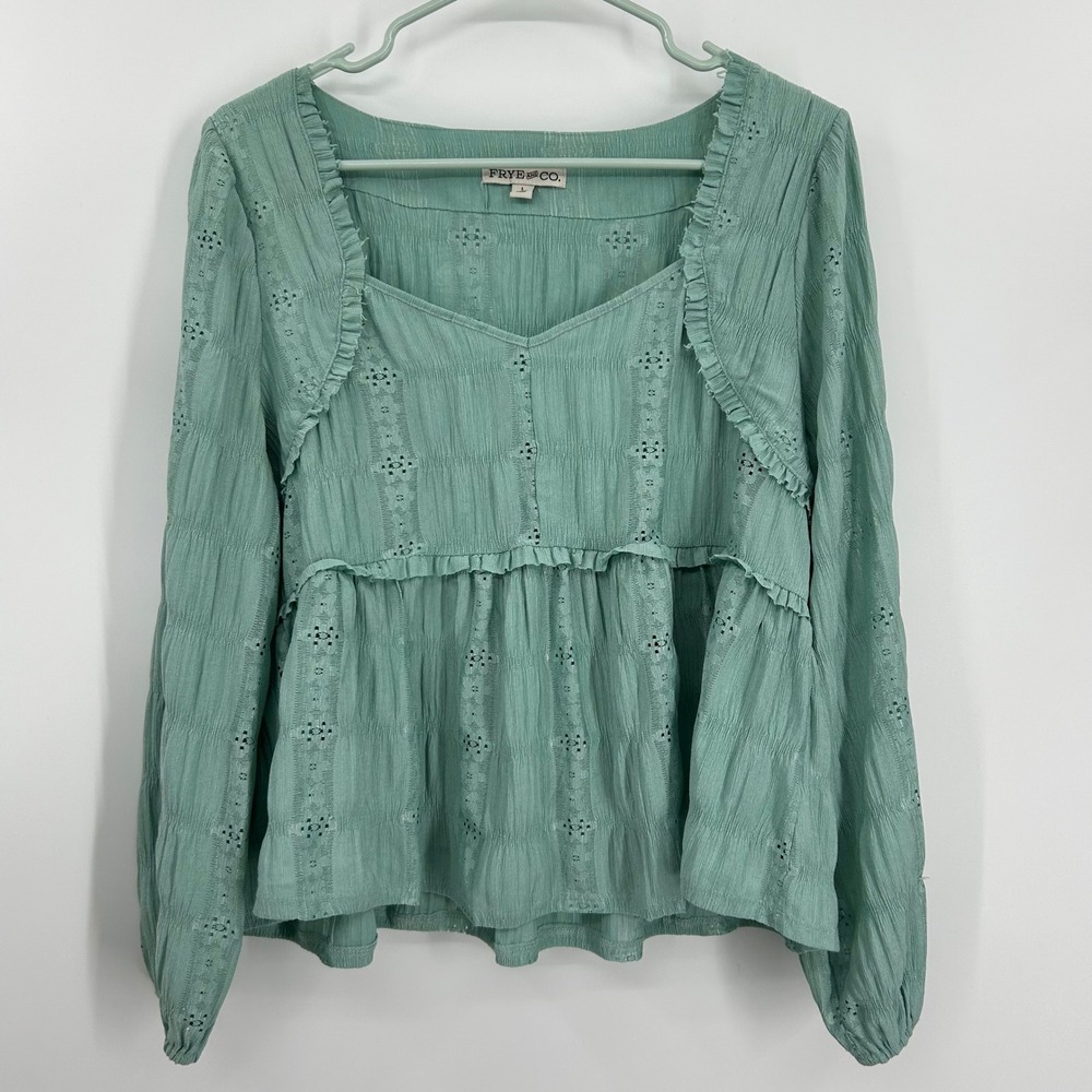 Frye and Co Womens Sage Green Eyelet Ruffle Peplum Blouse Square Neck Large